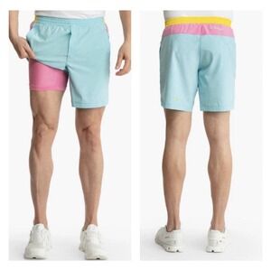 Birddogs Lined Gym Shorts Mens Large Long Aqua Pink Yellow 9" Inseam Workout